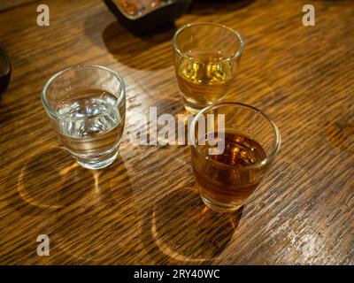 Trois petits verres d'alcool exotique dans un restaurant Banque D'Images