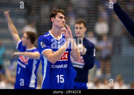 Gummersbach, Deutschland. 28 septembre 2023. Miro Schluoff (VfL Gummersbach, #15) LIQUI MOLY Handball Bundesliga : VFL Gummersbach - HC Erlangen ; Schwalbe Arena, Gummersbach, 28.09.2023 crédit : dpa/Alamy Live News Banque D'Images