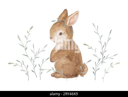 Aquarelle petit lapin, aquarelle lapin de Pâques, Illustration lapin, Clipart lapin bébé, fond blanc Banque D'Images