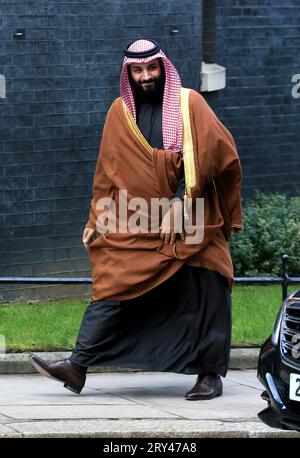 Londres, Royaume-Uni. 7 mars 2018. Le prince héritier saoudien Mohammed bin Salmane arrive au numéro 10 Downing Street à Londres. (Image de crédit : © Fred Duval/SOPA Images via ZUMA Press Wire) USAGE ÉDITORIAL SEULEMENT! Non destiné à UN USAGE commercial ! Banque D'Images