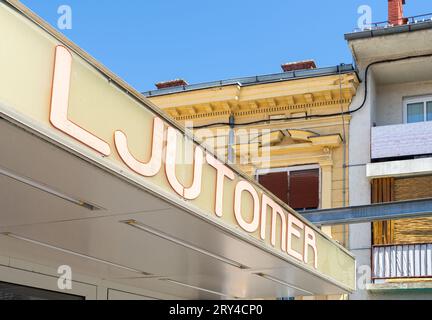 Ljutomer, Slovénie - 14 juillet 2023 : panneau de Ljutomer, une ville du nord-est de la Slovénie, à 40 km à l'est de Maribor. Banque D'Images