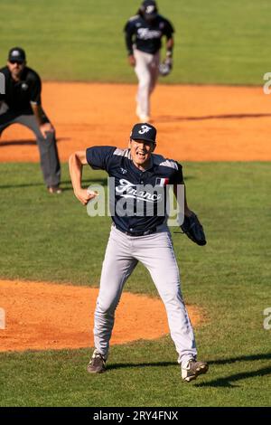 Blansko, Tsjechie. 28 septembre 2023. BLANSKO, TCHÈQUE - 28 SEPTEMBRE : Robyn Clara de France lors du quart de finale entre l'Allemagne et la France du Championnat d'Europe de Baseball au Strawberry Field le 28 septembre 2023 à Blansko Czech Credit : Orange pics BV/Alamy Live News Banque D'Images