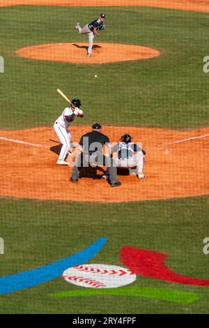 Blansko, Tsjechie. 28 septembre 2023. BLANSKO, TCHÈQUE - 28 SEPTEMBRE : Esteban Prioul de France lors du quart de finale entre l'Allemagne et la France du Championnat d'Europe de Baseball au Strawberry Field le 28 septembre 2023 à Blansko Czech Credit : Orange pics BV/Alamy Live News Banque D'Images