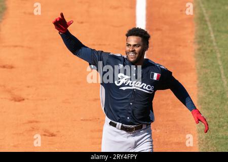 Blansko, Tsjechie. 28 septembre 2023. BLANSKO, TCHÈQUE - 28 SEPTEMBRE : Ernesto Martinez de France lors du quart de finale entre l'Allemagne et la France du Championnat d'Europe de Baseball au Strawberry Field le 28 septembre 2023 à Blansko Czech Credit : Orange pics BV/Alamy Live News Banque D'Images