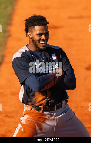 Blansko, Tsjechie. 28 septembre 2023. BLANSKO, TCHÈQUE - 28 SEPTEMBRE : Ernesto Martinez de France lors du quart de finale entre l'Allemagne et la France du Championnat d'Europe de Baseball au Strawberry Field le 28 septembre 2023 à Blansko Czech Credit : Orange pics BV/Alamy Live News Banque D'Images