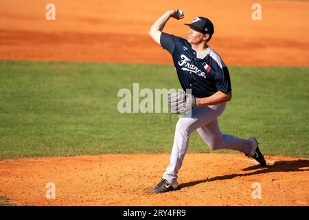 Blansko, Tsjechie. 28 septembre 2023. BLANSKO, TCHÈQUE - 28 SEPTEMBRE : Robyn Clara de France lors du quart de finale entre l'Allemagne et la France du Championnat d'Europe de Baseball au Strawberry Field le 28 septembre 2023 à Blansko Czech Credit : Orange pics BV/Alamy Live News Banque D'Images