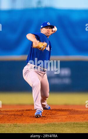 Blansko, Tsjechie. 28 septembre 2023. BLANSKO, TCHÈQUE - 28 SEPTEMBRE : Alex Katz d'Israël lors du quart de finale entre le Royaume des pays-Bas et Israël du Championnat d'Europe de baseball au Strawberry Field le 28 septembre 2023 à Blansko Czech Credit : Orange pics BV/Alamy Live News Banque D'Images