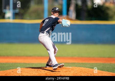 Blansko, Tsjechie. 28 septembre 2023. BLANSKO, TCHÈQUE - 28 SEPTEMBRE : Esteban Prioul de France lors du quart de finale entre l'Allemagne et la France du Championnat d'Europe de Baseball au Strawberry Field le 28 septembre 2023 à Blansko Czech Credit : Orange pics BV/Alamy Live News Banque D'Images