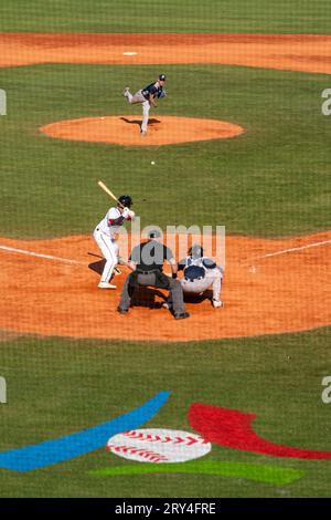 Blansko, Tsjechie. 28 septembre 2023. BLANSKO, TCHÈQUE - 28 SEPTEMBRE : Esteban Prioul de France lors du quart de finale entre l'Allemagne et la France du Championnat d'Europe de Baseball au Strawberry Field le 28 septembre 2023 à Blansko Czech Credit : Orange pics BV/Alamy Live News Banque D'Images