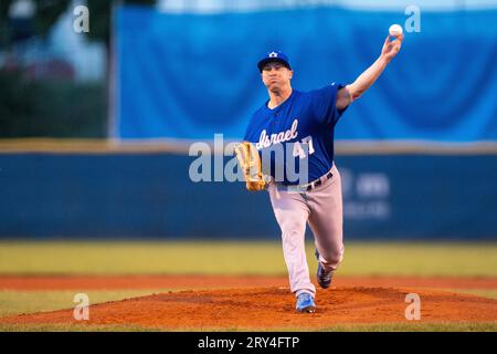 Blansko, Tsjechie. 28 septembre 2023. BLANSKO, TCHÈQUE - 28 SEPTEMBRE : Alex Katz d'Israël lors du quart de finale entre le Royaume des pays-Bas et Israël du Championnat d'Europe de baseball au Strawberry Field le 28 septembre 2023 à Blansko Czech Credit : Orange pics BV/Alamy Live News Banque D'Images