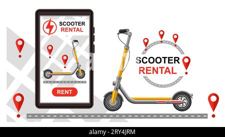 Location de scooter électrique, location en ligne push e-scooter moto application de téléphone mobile. Service de partage de moto électrique, suivi d'itinéraire GPS. Vecteur Illustration de Vecteur