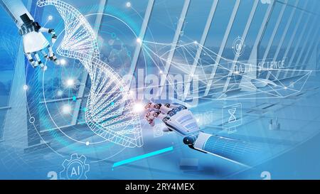 Les mains de robot étudient l'hélice d'ADN humain 3d pour l'intelligence artificielle et le domaine de la science. Banque D'Images