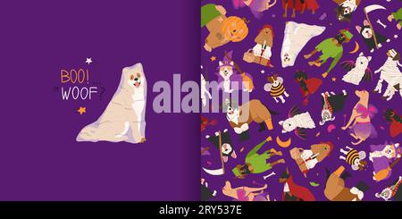 Motif sans couture Halloween avec des chiens dans des costumes mignons halloween. Carte de voeux avec chien en costume fantôme Halloween. Trick ou Treat. Illustration vectorielle Illustration de Vecteur
