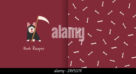 Carte de voeux avec mignon bouledogue français dans le costume d'Halloween de faucheuse sinistre. Motif sans couture Halloween avec des os sur un fond rouge. Trick ou Treat. Ha Illustration de Vecteur