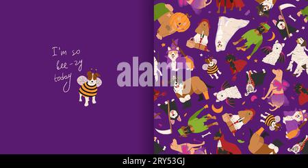 Motif sans couture Halloween avec des chiens dans des costumes mignons halloween. Carte de voeux drôle avec chien en costume d'abeille. Trick ou Treat. Joyeux Halloween vecteur illu Illustration de Vecteur