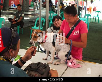 Navotas, Philippines. 28 septembre 2023. Un propriétaire de chien se moque de son chien après l'avoir mis à la table du vaccinateur. Dans le cadre de la célébration de la Journée mondiale de la rage, le gouvernement de la ville de Navotas dirigé par le bureau de l'agriculture de la ville de Navotas, a procédé à la vaccination gratuite des chiens et des chats et à l'enregistrement des animaux de compagnie. Ils ont également donné gratuitement de la nourriture pour animaux de compagnie à ceux qui ont participé au programme. Crédit : SOPA Images Limited/Alamy Live News Banque D'Images
