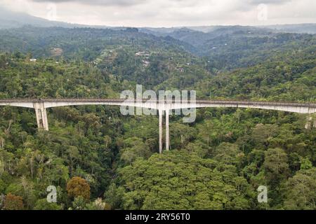 Photographie aérienne par drone du pont Tukad Bangkung à Bali, Indonésie Banque D'Images