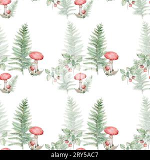 Motif aquarelle sans couture avec champignons, fougères et oiseaux Banque D'Images