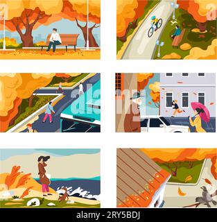 Sentier du parc d'automne et les gens, temps saisonnier Illustration de Vecteur