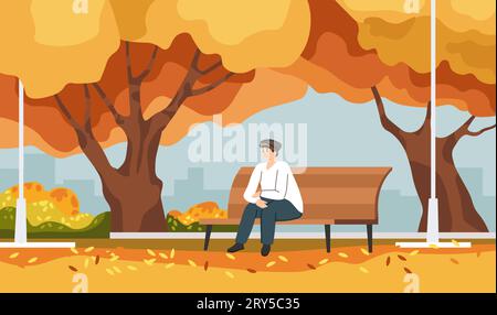 Personnage assis sur le banc dans le vecteur de parc d'automne Illustration de Vecteur