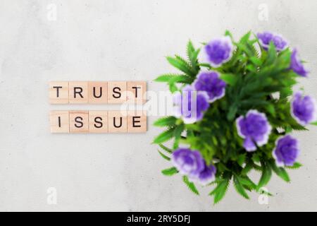 Vue de dessus du mot Trust émission sur bloc de lettre cube en bois sur fond blanc. Concept commercial Banque D'Images