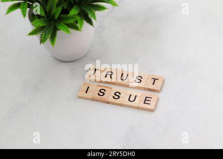 Vue de dessus du mot Trust émission sur bloc de lettre cube en bois sur fond blanc. Concept commercial Banque D'Images