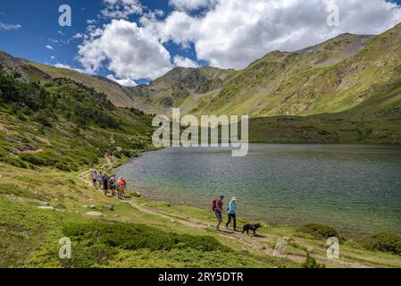 Lac Estany de Trebens un après-midi d'été. En arrière-plan, le pic de Carlit (Estanys del Carlit, Pyrénées Orientales, France) Banque D'Images