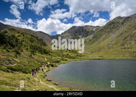 Lac Estany de Trebens un après-midi d'été. En arrière-plan, le pic de Carlit (Estanys del Carlit, Pyrénées Orientales, France) Banque D'Images