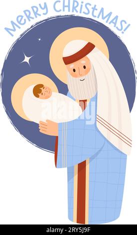 Noël. Vieil homme Saint Joseph le fiancé avec l'enfant Jésus Christ. Saint ancêtre. Illustration vectorielle dans le style plat de dessin animé pour la conception religieuse Illustration de Vecteur