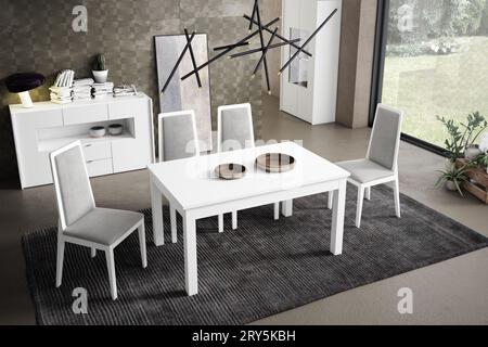 Salon moderne avec mobilier conçu dans les intérieurs. Minimalisme. Vintage. moderne. tapis. lampe. chaises. tableaux. tv. famille. Banque D'Images