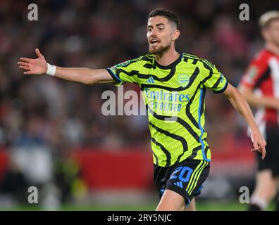 27 septembre 2023 - Brentford - EFL Cup - Gtech Community Stadium Jorginho d'Arsenal lors du match contre Brentford. Photo : Mark pain / Alamy Live News Banque D'Images