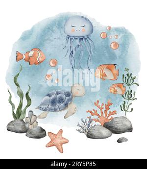 Animaux sous-marins. Bundle sous-marin mignon avec méduse, tortue, poisson clown, coquillages, algues, coraux et bulles. Illustration à l'aquarelle dessinée à la main de Banque D'Images