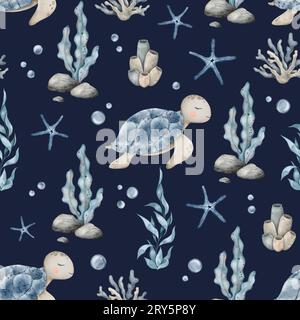 Modèle marin sans couture animaux marins, plantes, coquillage, étoiles de mer, coraux marins, algues marines. Fond aquarelle dessiné à la main de poissons de mer pour Banque D'Images
