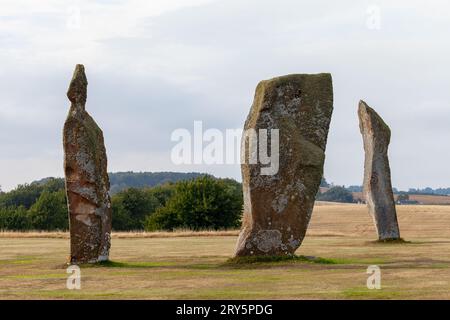 Les impressionnantes pierres debout de Lundin Links qui se dressent au milieu d'un terrain de golf, Fife Scotland. Banque D'Images