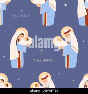 Joyeux Noël modèle sans couture. Sainte famille. Vierge Marie et Joseph avec l'enfant Jésus Christ sur fond bleu. Illustration vectorielle pour les vacances de Noël Illustration de Vecteur