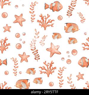 Modèle sans couture de poisson anémonefish ou clownfish en couleur orange, noir et blanc et étoiles de mer, corail marin, algues marines. Aquarelle dessinée à la main Banque D'Images