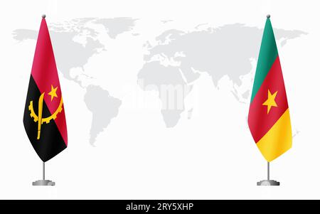 Drapeaux de l'Angola et du Cameroun pour la réunion officielle sur fond de carte du monde. Illustration de Vecteur