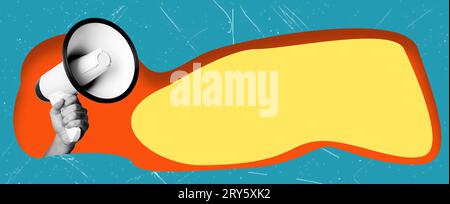 Collage d'art contemporain. Main humaine tenant les mégaphones et diffusant les fake news. Concept d'information, créativité, questions sociales, rumeurs. Copier l'espace Banque D'Images