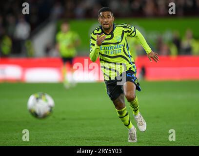 27 septembre 2023 - Brentford - EFL Cup - Gtech Community Stadium Reiss Nelson d'Arsenal lors du match contre Brentford. Photo : Mark pain / Alamy Live News Banque D'Images