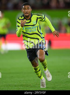 27 septembre 2023 - Brentford - EFL Cup - Gtech Community Stadium Reiss Nelson d'Arsenal lors du match contre Brentford. Photo : Mark pain / Alamy Live News Banque D'Images