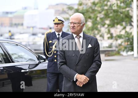 Le roi de Suède Carl XVI Gustaf arrive au séminaire 'Gustaf VI Adolf et Archéologie' au Musée des Antiquités d'extrême-Orient à Stockholm, Suède, le 29 septembre 2023.photo : Henrik Montgomery/ TT / Code 10060 Banque D'Images