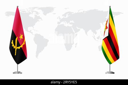 Drapeaux de l'Angola et du Zimbabwe pour la réunion officielle sur fond de carte du monde. Illustration de Vecteur