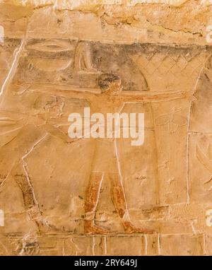 Egypte, Saqqara, tombeau de Mehu, attraper des oiseaux avec un filet : le gardien ... et un papillon. Banque D'Images