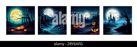 Mettez en place la bannière Halloween effrayante scène de citrouilles effrayantes. Forêt effrayante et effrayante en octobre nuit sombre automne sombre sombre paysage sombre d'automne créepy. Illustration vectorielle du concept de toile de fond extérieure Happy Halloween Illustration de Vecteur