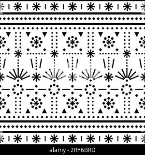 Imprimé textile ou tissu minimaliste motif vectoriel sans couture avec pois, lignes et fleurs, décoration d'art populaire en noir et blanc Illustration de Vecteur