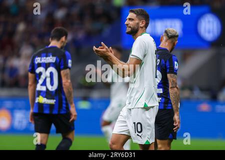 Milan, Italie. 27 septembre 2023. Domenico Berardi de l'US Sassuolo réagit lors du match de football Serie A 2023/24 entre le FC Internazionale et l'US Sassuolo au stade Giuseppe Meazza, Milan, Italie, le 27 septembre 2023 crédit : Independent photo Agency/Alamy Live News Banque D'Images