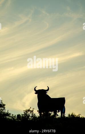 Silhouette du taureau Osborne au coucher du soleil. Symbole de publicité routière en Espagne. Banque D'Images