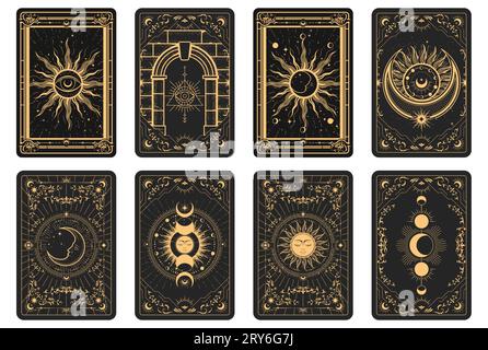 Les cartes de Tarot battent le revers, cadre magique avec des motifs ésotériques et des symboles mystiques, sorcellerie de soleil et de lune, vecteur Illustration de Vecteur