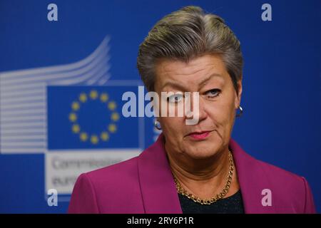 Bruxelles, Belgique. 29 septembre 2023. La commissaire européenne Ylva Johansson et le ministre colombien de la Défense nationale Ivan Velasquez tiennent une conférence de presse conjointe dans le cadre du dialogue UE-Colombie sur les drogues à Bruxelles, en Belgique, le 29 septembre 2023. Crédit : ALEXANDROS MICHAILIDIS/Alamy Live News Banque D'Images