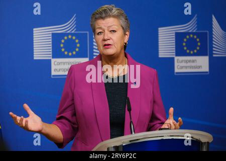 Bruxelles, Belgique. 29 septembre 2023. La commissaire européenne Ylva Johansson et le ministre colombien de la Défense nationale Ivan Velasquez tiennent une conférence de presse conjointe dans le cadre du dialogue UE-Colombie sur les drogues à Bruxelles, en Belgique, le 29 septembre 2023. Crédit : ALEXANDROS MICHAILIDIS/Alamy Live News Banque D'Images